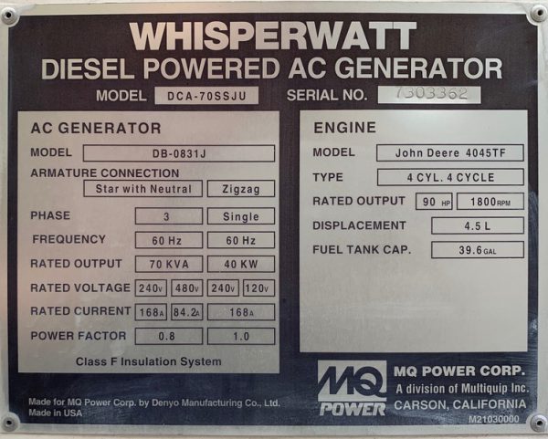 Used Multiquip DCA Generator Set x
