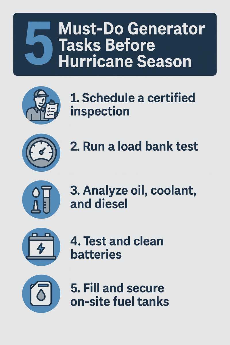 “5 Must-Do Generator Tasks Before Hurricane Season” with icons for inspection, load bank test, fluid analysis, battery testing, and fuel tank security on a clean gray and navy layout.