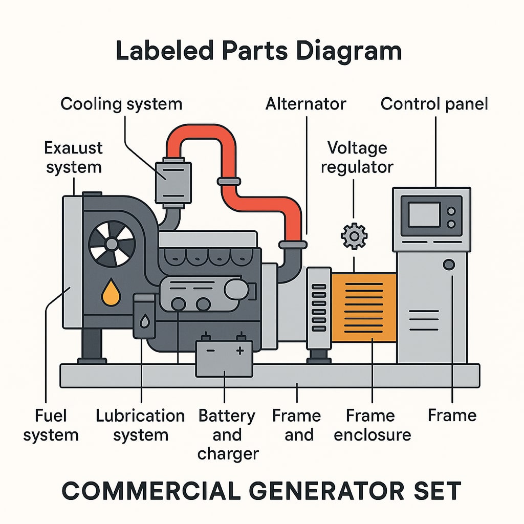Flat-style illustration of a commercial generator set with ten clearly labeled parts including fuel system, lubrication system, battery and charger, frame, frame enclosure, voltage regulator, alternator, control panel, exhaust system, and cooling system.
