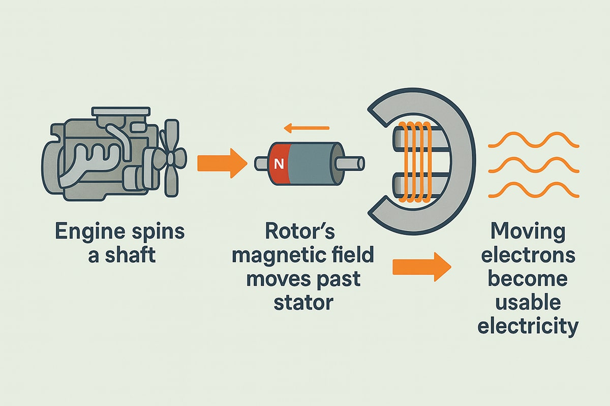 Flat-style diagram showing three steps of how a generator works: engine spins a shaft; rotor’s magnetic field moves past stator; moving electrons become usable electricity.