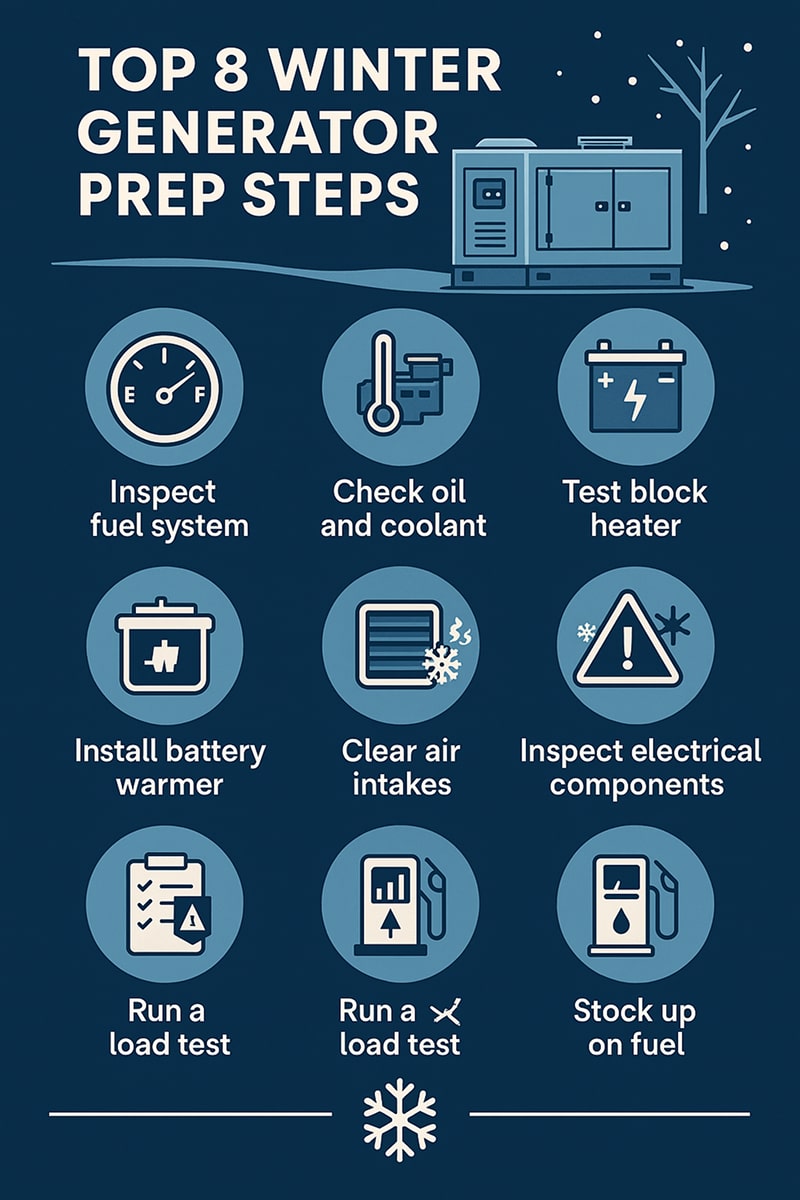 An infographic titled “Top 8 Winter Generator Preparation Tips” illustrates key steps for cold weather generator operation. It includes eight labeled icons: inspecting fuel systems, using engine block heaters, checking battery health, maintaining oil viscosity, keeping fuel clean, testing load bank performance, inspecting air filters, and scheduling professional maintenance. The infographic highlights Marcello Lo Cicero of React Power Solutions’ advice on winter generator preparation for commercial and industrial facilities, emphasizing reliability and cold-weather readiness.