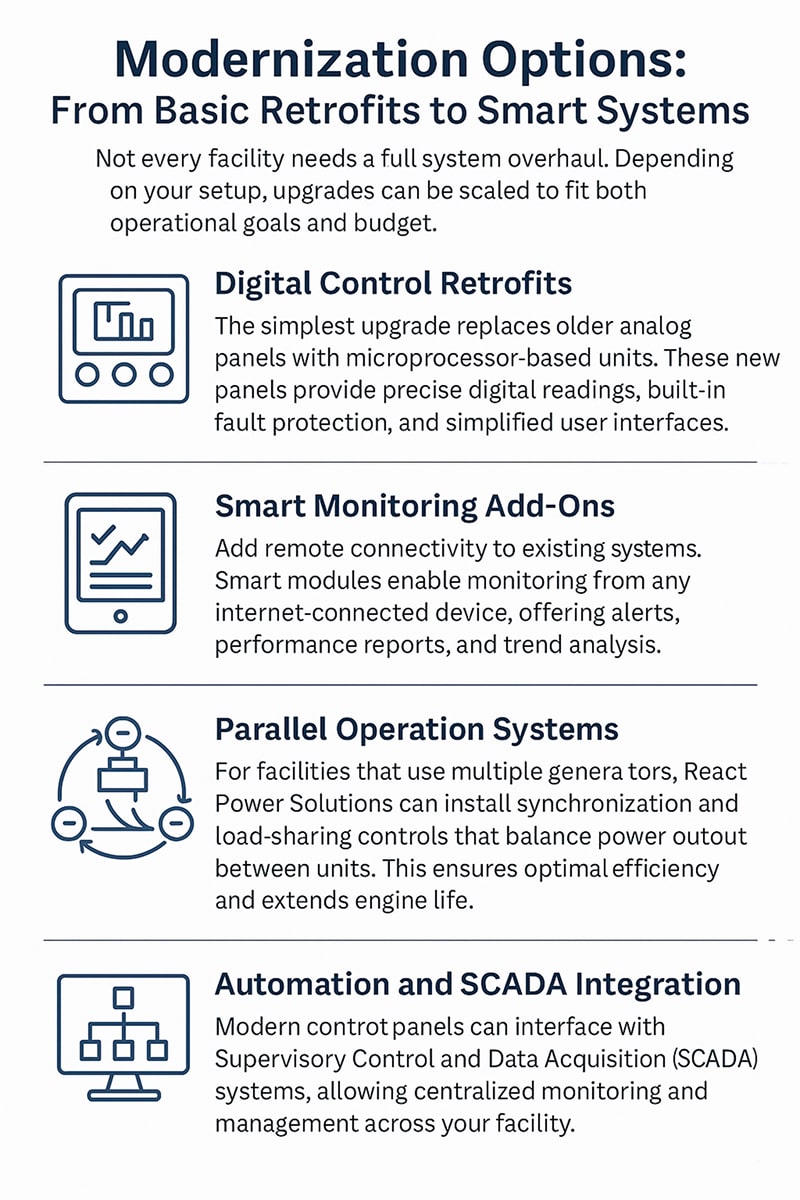 An infographic titled “Modernization Options: From Basic Retrofits to Smart Systems” shows four upgrade paths for generator control systems. Each section features a short description and icon:

Digital Control Retrofits – Depicts a modern digital control panel replacing an older analog one, symbolizing upgraded precision, digital readouts, and built-in protection.

Smart Monitoring Add-Ons – Illustrates a tablet or phone displaying live generator data, representing remote monitoring, alerts, and performance tracking.

Parallel Operation Systems – Shows two generators linked by synchronization lines, indicating balanced power output and improved efficiency for multi-unit setups.

Automation and SCADA Integration – Features a central control screen overseeing multiple systems, representing full facility monitoring through SCADA automation.

The overall visual theme emphasizes modernization, scalability, and digital connectivity for improved generator management.