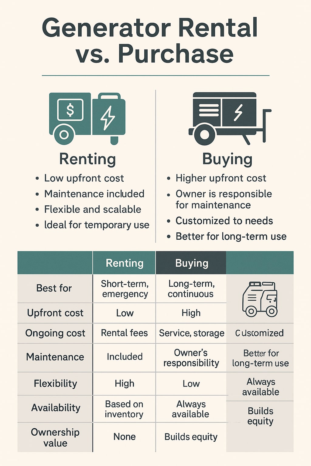 An infographic titled “Generator Rental vs. Purchase” compares renting and buying options for commercial generators. The left column lists renting advantages—low upfront cost, maintenance included, flexibility, and ideal for temporary use. The right column lists buying benefits—higher upfront cost, full control, customization, and long-term efficiency. A comparison table below outlines key differences in cost, maintenance, flexibility, availability, and ownership value. The design uses teal, gray, and white colors with simple icons for generators, maintenance, and power.