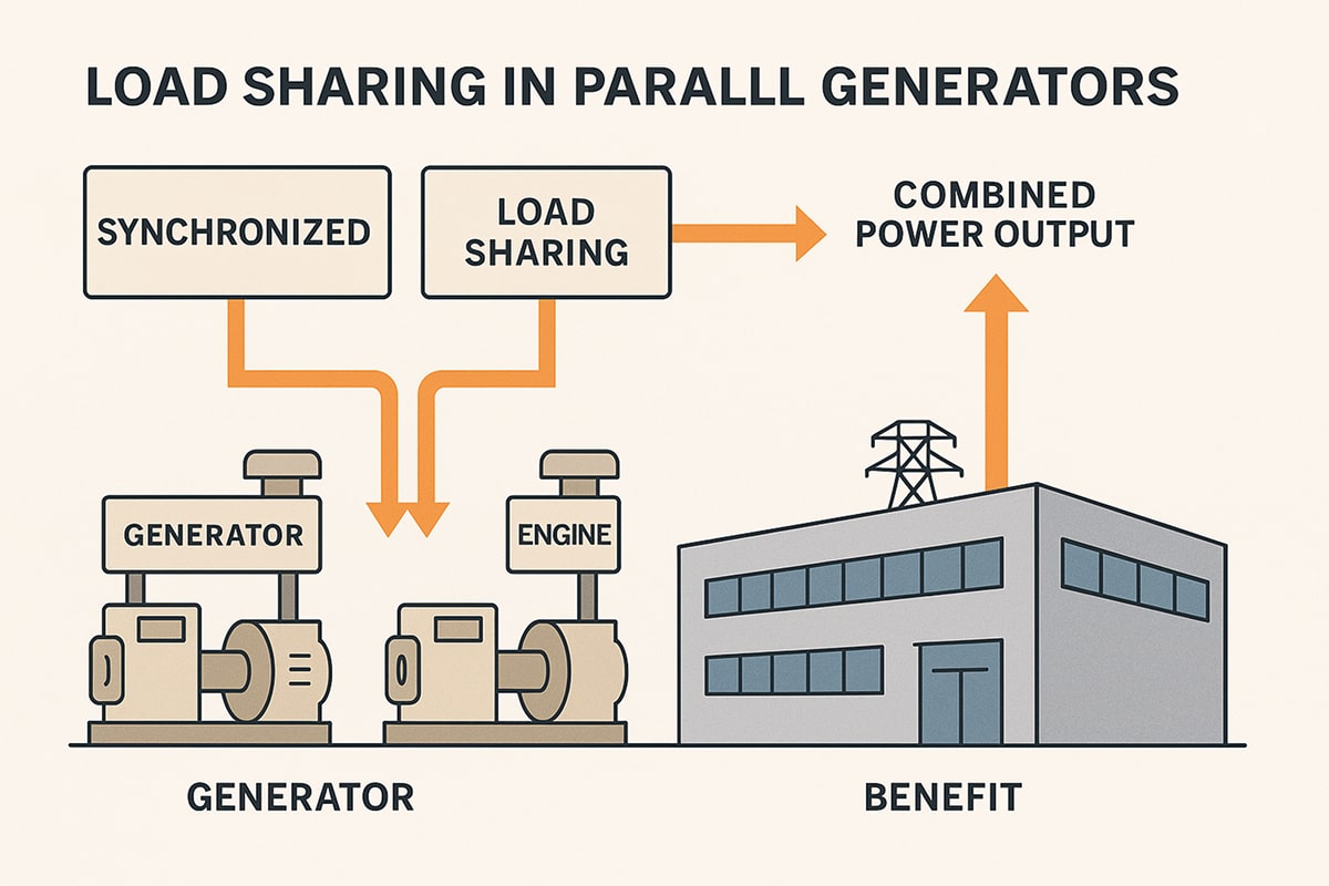 Flat-style diagram showing two commercial generators connected in parallel. Both feed into a central control panel, which links to a shared electrical bus. Arrows illustrate balanced power output flowing evenly to three buildings: a hospital, a data center, and a factory, representing load sharing in parallel generator operations.