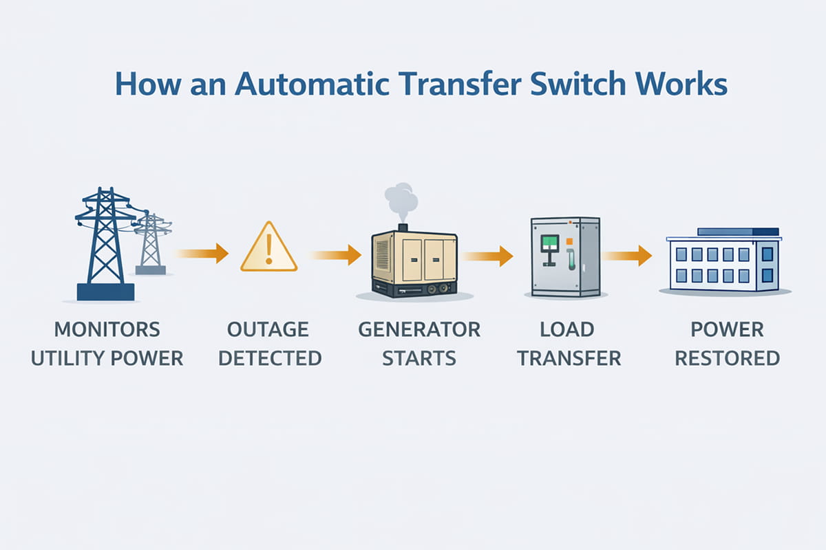 Diagram showing how an automatic transfer switch detects a power outage, starts a generator, transfers electrical load, and restores utility power in a commercial facility.