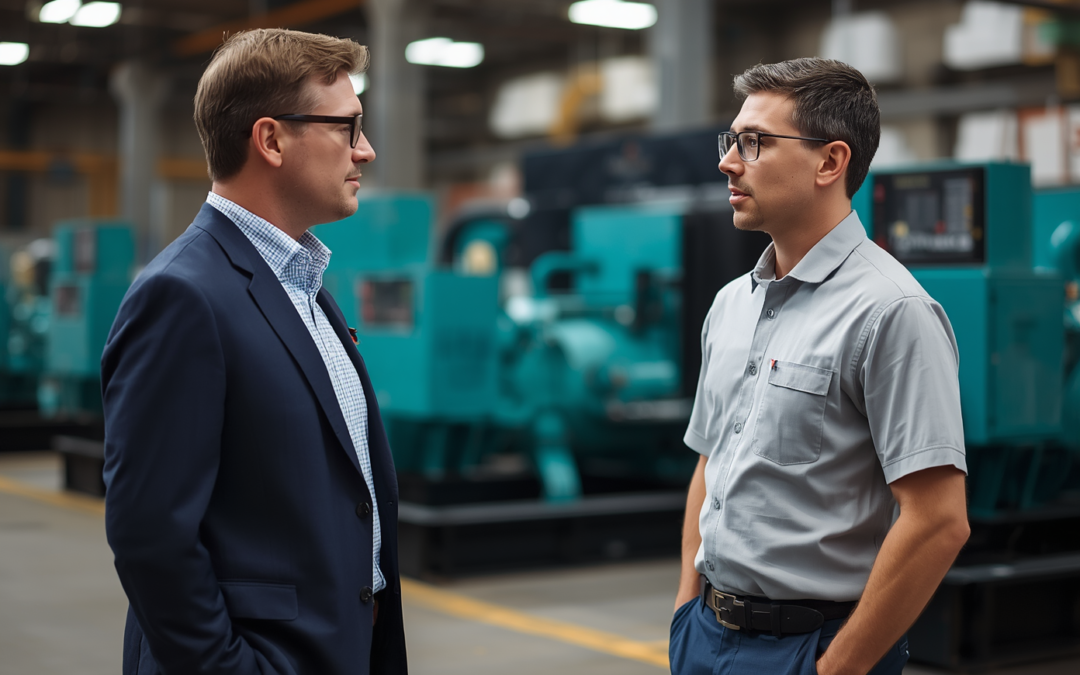 Professional photo of two people discussing industrial generators at an industrial power equipment facility.