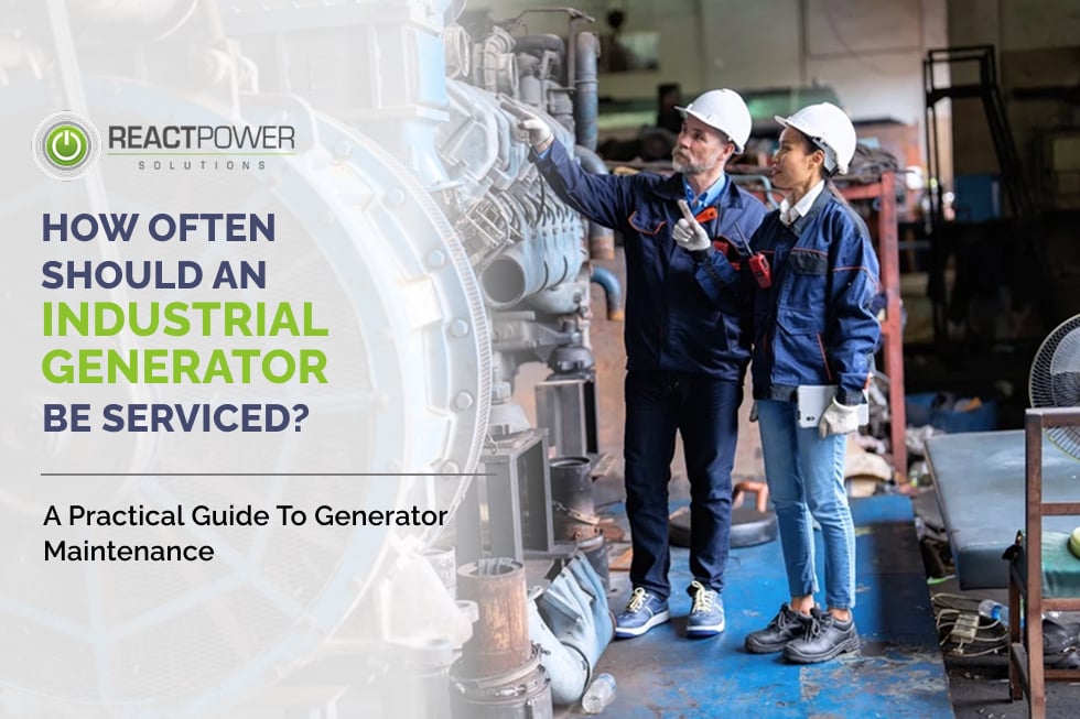 Two technicians in hard hats inspect an industrial generator in a workshop; article on generator maintenance by ReactPower Solutions.